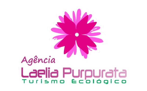 Logotipo da Agência Laelia Purpurata Turismo Ecológico, com uma flor estilizada em tons de rosa no centro e o nome da agência escrito em fontes modernas, destacando turismo sustentável.